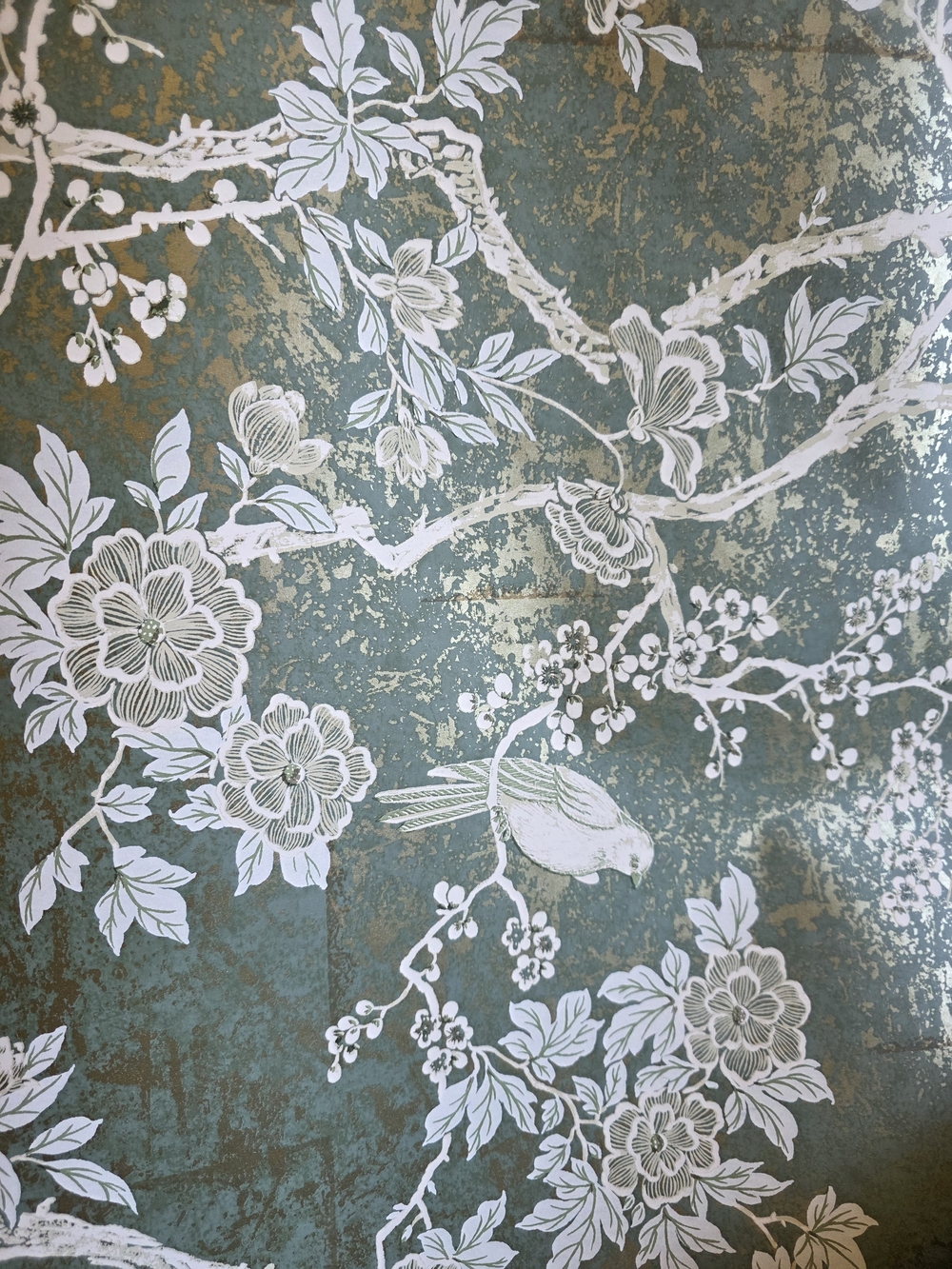 Ralph Lauren Marlowe Teal, White and Gold Floral Bird 2 Rolls 11yd Wallpaper